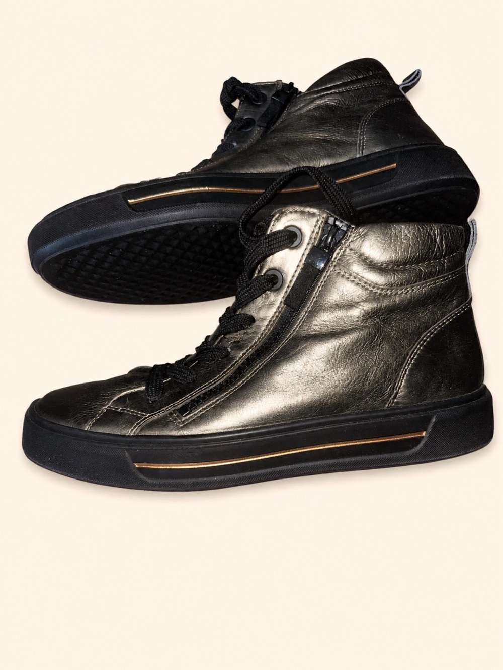 Ara Metallic Leather High-Top Sneakers with Subtle Gold Accent